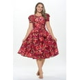 thumbnail image 1 of Wine Red Large-X-large Size Women's Short Puff Sleeve Midi Floral Cocktail Flare Tea Party, Formal and Casual Dresses, 1 of 5