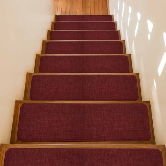 Wine Red Linen Stair Treads Non Slip for Steps Farmhouse Pure Color Country Farm 15 Pcs Reusable Adhesive Stair Runner Mats for Dogs Elders Carpet Treads Rugs for Staircase 8x30 In