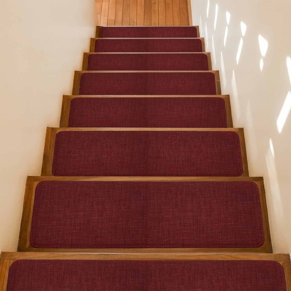 Wine Red Linen Stair Treads Non Slip for Steps Farmhouse Pure Color Country Farm 15 Pcs Reusable Adhesive Stair Runner Mats for Dogs Elders Carpet Treads Rugs for Staircase 8x30 In