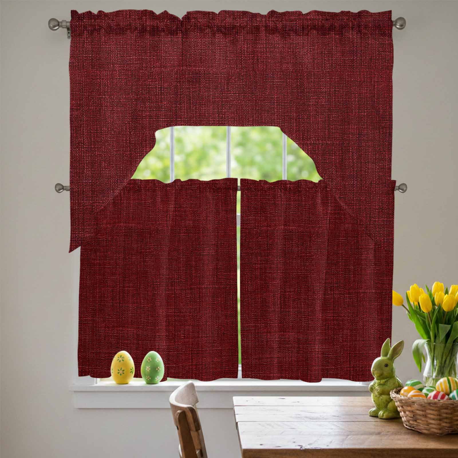 Wine Red Linen Swag Curtains Valance & Tier Set, Farmhouse Pure Color Country Farm 3 Pcs Set Kitchen Swag Valances and Tiers 24 Inch Length Rod Pocket Curtain Drapes for Bedroom