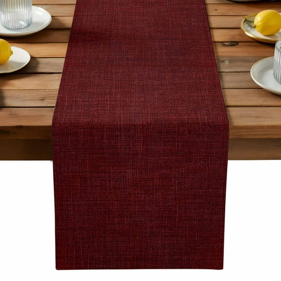 Wine Red Linen Table Runner, Autumn Thanksgiving Kitchen Dining Table Decoration for Home Party Decor 13x36 Inches