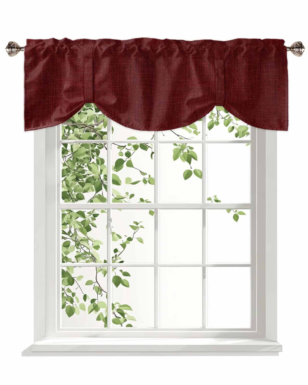 Wine Red Linen Tie Up Valances Curtain, Adjustable Kitchen Farmhouse Pure Color Country Farm Valances for Windows Decor, Rod Pocket Short Curtains Set for Bedroom/Bathroom, 54"x18"