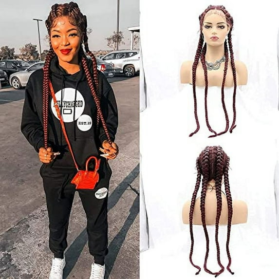 Wine Red Long Braided Wigs Synthetic Lace Front Wigs for Women 99J Color High Temperature Natural 4x Twist Braids Wigs with Baby Hair