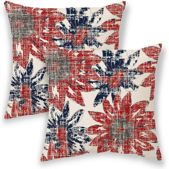 Wine Red Navy Blue Pillow Covers 18x18, Grey Vintage Sunflower Outdoor Decorative Throw Pillows for Couch, Retro Floral Decor Cushion Cover 2 Pcs Soft Farmhouse Square Pillowcase for Bed Safa
