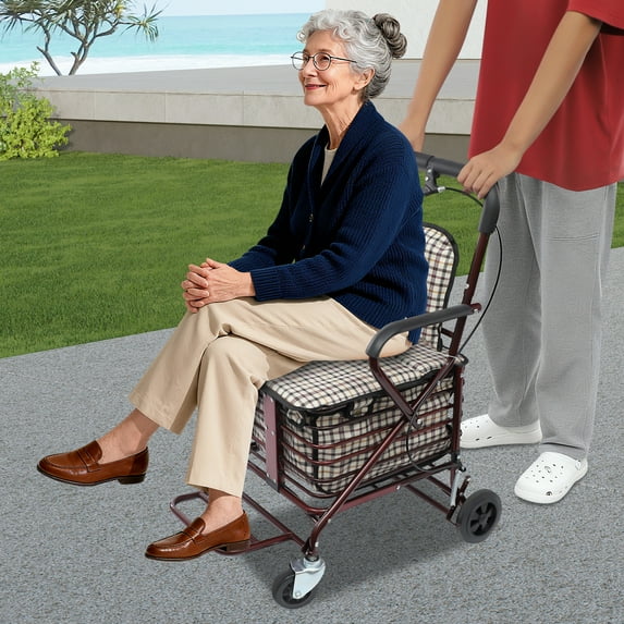 Wine Red Oxford Folding Shopping Cart Cart With Seat Handbrake Elderly ...