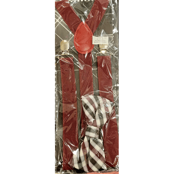 Wine Red Pastel Plaid Suspenders BOWTIE SET Barn Style Wedding Prom Burgundy - New with box/tags