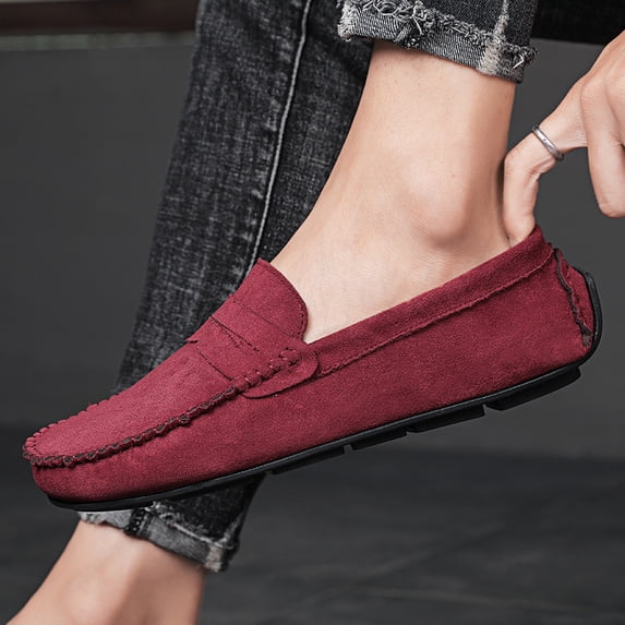 Wine Red Penny Strap Suede Slip-On Driving Loafers for Men