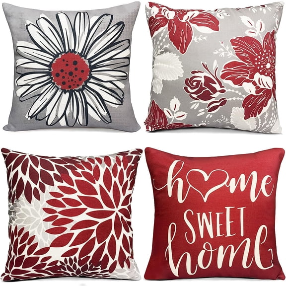 Wine Red Pillow Covers 16x16 Inch Set of 4 Decorative Throw Pillow Covers for Sofa Couch Outdoor Throw Pillow Cover Farmhouse Cushion Linen Pillow Case Living Room Home Boho Modern Decor