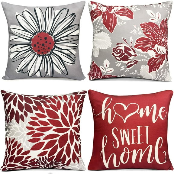 Wine Red Pillow Covers 16x16 inch Set of 4 Decorative Throw Pillow Covers for Sofa Couch Outdoor Throw Pillow Cover Farmhouse Cushion Linen Pillow Case Living Room Home Boho Modern Decor