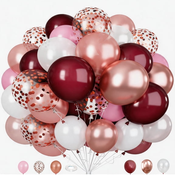 Wine Red and Pink Balloons, 60 Pcs 12inch Rose Gold Wine Red Light Pink White Metallic Rosegold Balloons for Birthday Wedding Anniversary Party Decorations