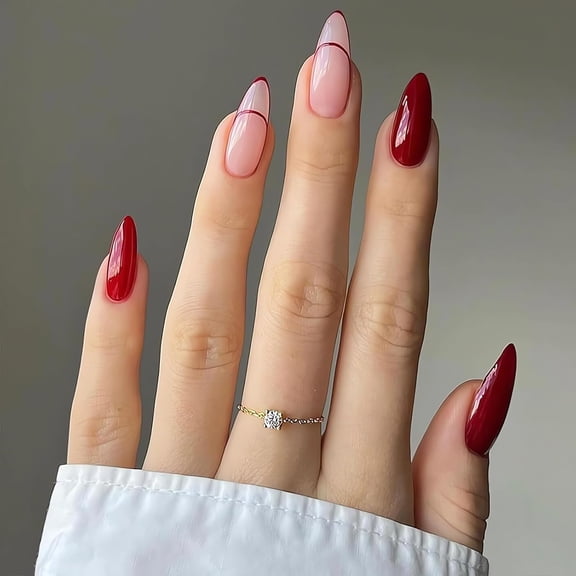 Wine Red Press on Nails Medium Almond Rose Flower Fake Nails Romantic Valentines Day Acrylic Nails Kit Glossy Full Cover Glue on Nails Cute Stick on Nails Valentines False Nails for Women Girls 5