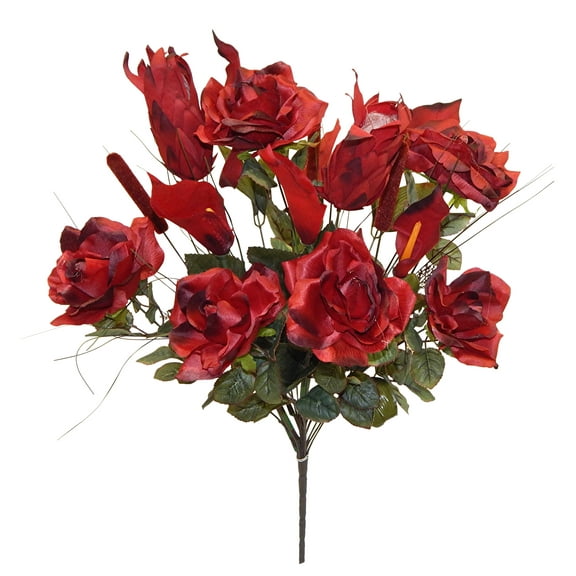 Wine Red Rose Lily Protea with Cattail Grass 24in Artificial Polysilk Faux Greenery Fake Flower Bush for Craft Home Bouquet Arrangement Ceremony Wedding Floral Wall Aisle Decor (Burgundy, One each)