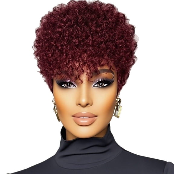 Wine Red Short Wig For Women, Natural Fluffy Small Roll, Retro Personality, Daily Wear Style
