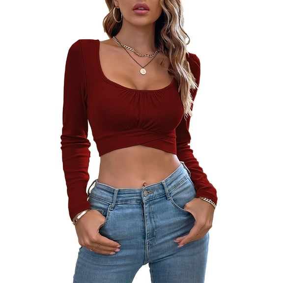 Wine Red Slim Fit Long Sleeve Square Neck Crop Top with Crossed Hem for Women - Perfect for Autumn