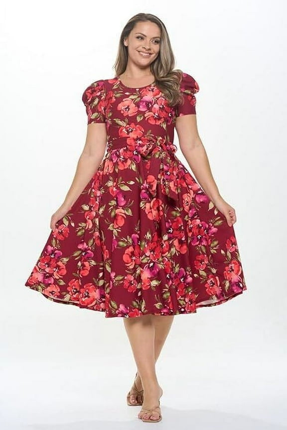Wine Red Small-Medium Size Women's Short Puff Sleeve Midi Floral Cocktail Flare Tea Party, Formal and Casual Dresses
