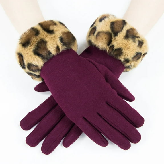 Wine Red Gloves with Faux Leopard Fur Cuffs - Stylish Animal Print Winter Accessory for Women