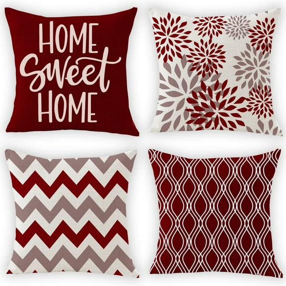 Wine Red Throw Pillow Covers 18 x 18 Set of 4, Square Pillow Cushion Cases, Modern Decorative Pillow Covers for Outdoor Couch/Sofa