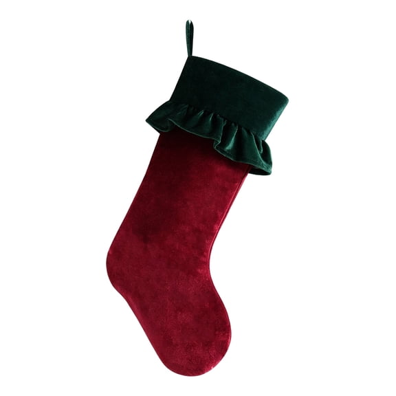 Wine Red Velvet Christmas Stocking with Dark Green Ruffled Cuff, 18.9 in Mantel Decor