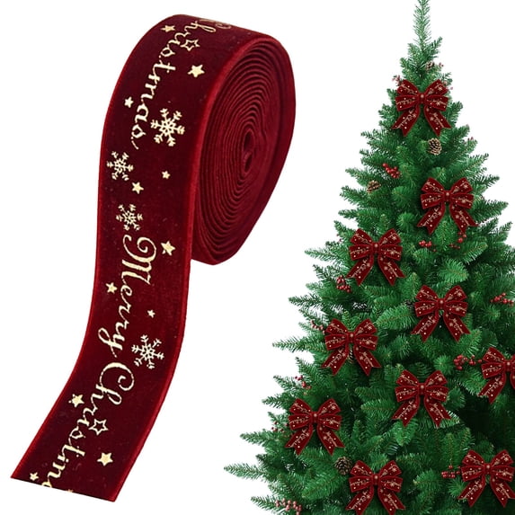 Wine Red Velvet Holiday Ribbon, Gold Foil Merry Christmas Snowflake Printed Wired Edge Ribbon, Xmas Gift Wrapping Fabric Ribbon for Bows, Wreath, Party & DIY Craft