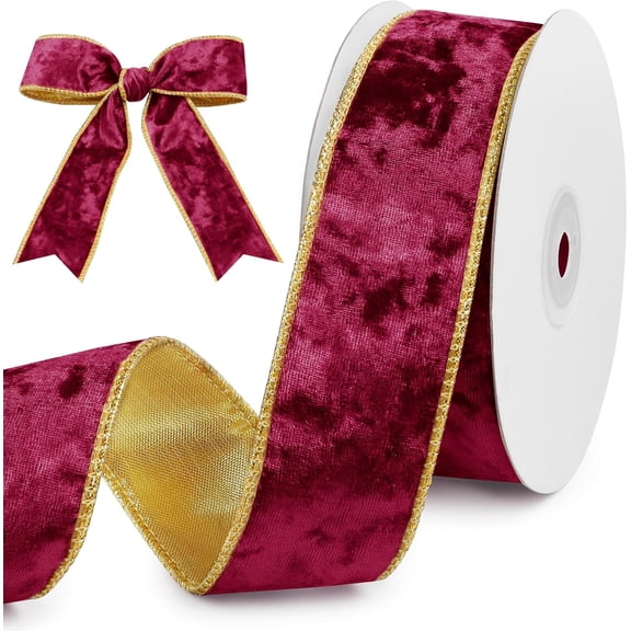 Wine Red Velvet Wired Ribbon 2 Inch x 10 Yards Crushed with Wired-Edge Trim for Gift Wrapping, Christmas Tree Decoration, Garland Wreaths Bows Making