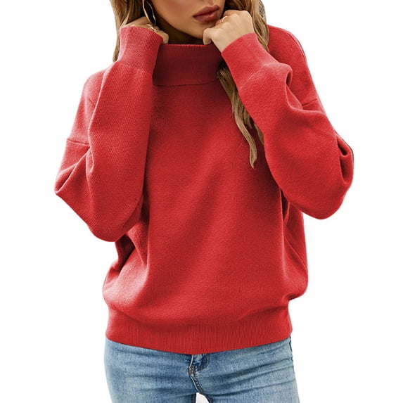 Wine Red Women's Turtleneck Knit Sweater, Long Sleeve, Loose Fit, Perfect for Staying Warm - Top Clothing - Size M