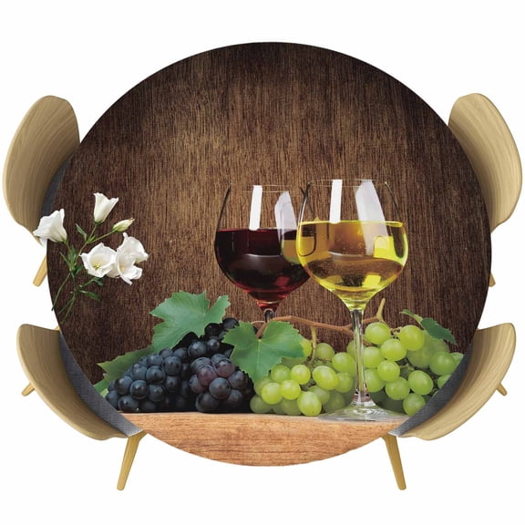 Wine Round Tablecloth, Fitted Table Cover with Elastic for 36"-44" Round Tables, Goblet Grapes Champagne Farmhouse Wooden Country Table Cloth Outdoor Indoor Dinning Party Waterproof Tablecloths