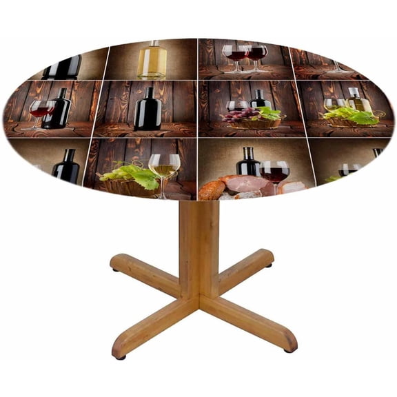 Wine Round Tablecloth Wine Collage Wooden Grapes Meat Rustic Country Drink Table Cover Table Cloth for Indoor Dining, Outdoor Picnic Parties, Camping,Fits for Table 40-44" Inches