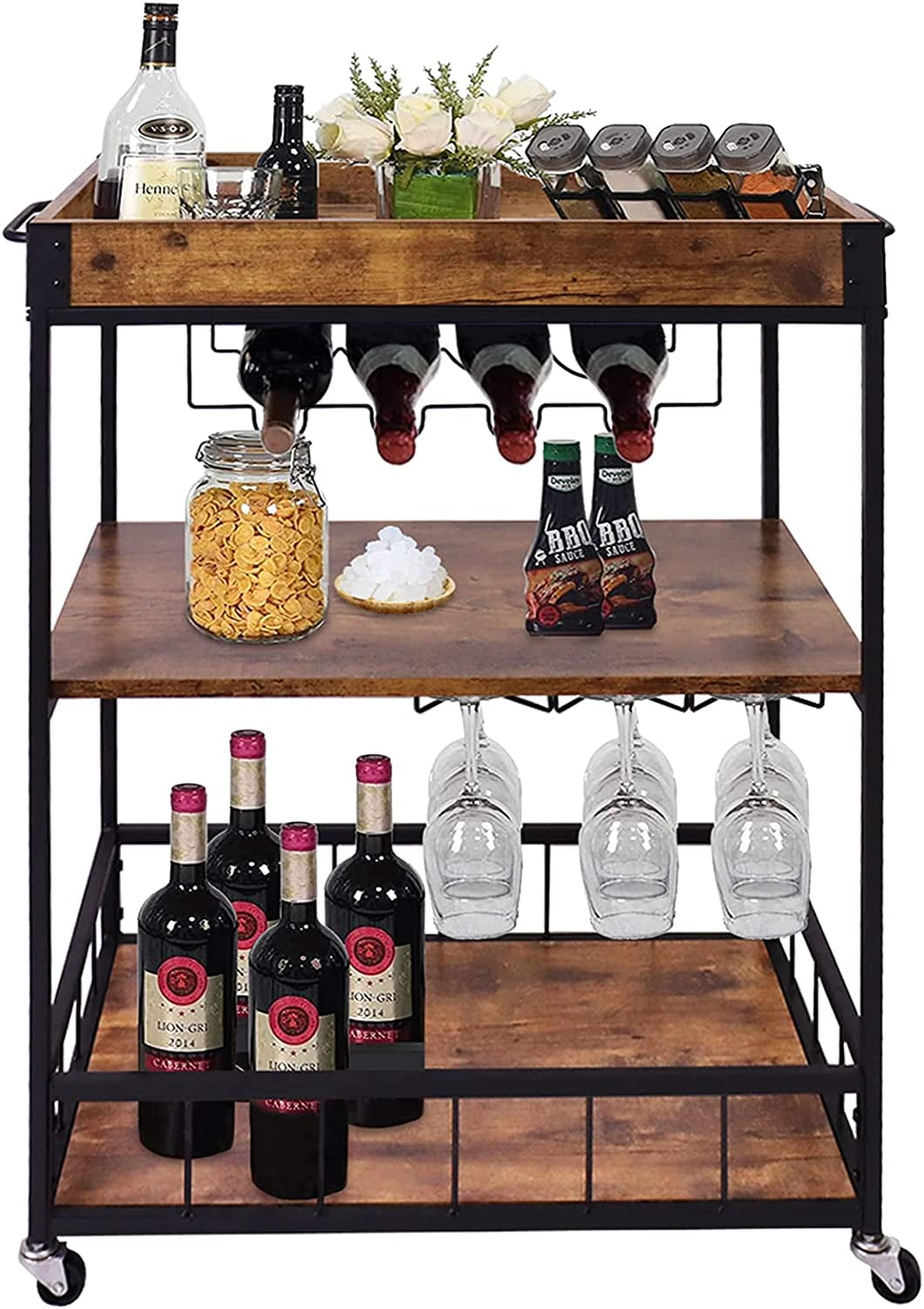 Vineego Bar Cart Home Industrial Mobile Bar Cart Serving Wine Cart on  Wheels with Wine Rack and Glass Holder 2 Wood Storage Shelves for Living  Room, Kitchen, Party (Gold) 