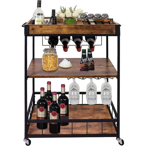 Wine Serving Bar Cart 3 Tiers Large Home Trolley Rolling Wine Rack with Wheels Mobile Kitchen Serving Cart,Industrial Vintage Style Wood Metal Serving Trolley Glass Holder Bar Cabinet
