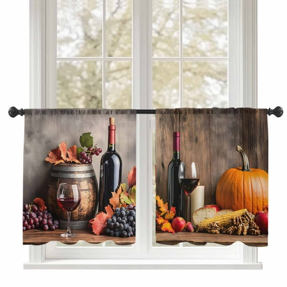Wine Sheer Curtains 45 inches Long, Maple Leaf Grape Barrel Pumpkin Farmhouse Light Filtering Sheer Window Curtains Rod Pocket Voile Drapes for Bedroom Living Room, 52"W x 45"L 2 Panels