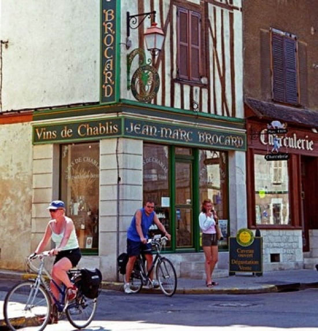 Wine Shop and Cycling Tourists Chablis France Canvas Art - Per Karlsson DanitaDelimont (21 x 22)