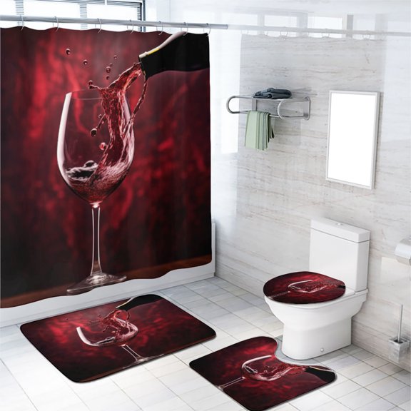 Wine Shower Curtain Set with Rugs Romantic Red Wine Glass Bathroom Decor Set with Accessories, Waterproof Shower Curtain for Bathtub Decor, 72x72 Inch