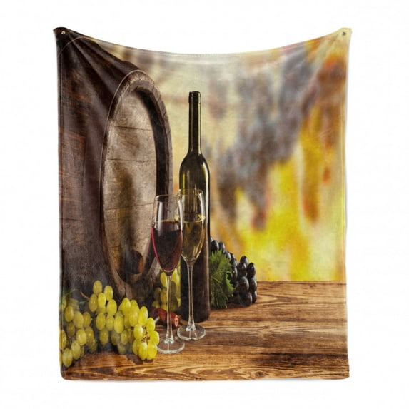 Wine Soft Flannel Fleece Blanket, Red and White Wine Bottle Glass on Wooden Keg Quality Taste Traditional, Cozy Plush for Indoor and Outdoor Use, 50" x 60", Brown Pale Green Yellow, by Ambesonne