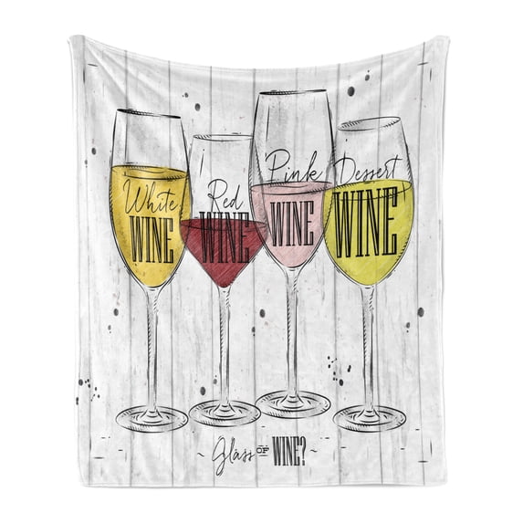 Wine Soft Flannel Fleece Throw Blanket, 4 Main Types of Wine with Their Names Glasses Vintage Rustic Wood Backdrop Drawing, Cozy Plush for Indoor and Outdoor Use, 70" x 90", Multicolor, by Ambesonne