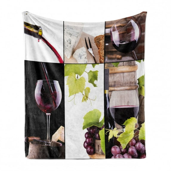 Wine Soft Flannel Fleece Throw Blanket, Wine Collage with Cask Bottle Wineglass Grape Gourmet Taste Beverage, Cozy Plush for Indoor and Outdoor Use, 50" x 60", Pale Green Burgundy, by Ambesonne