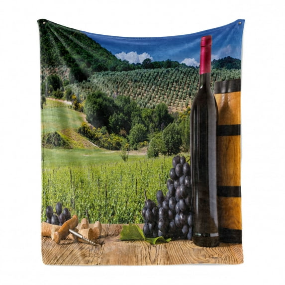 Wine Soft Flannel Fleece Throw Blanket, Idyllic Tuscany Country Landscape Agriculture Harvest Grape Plantation, Cozy Plush for Indoor and Outdoor Use, 70" x 90", Black Green Pale Brown, by Ambesonne