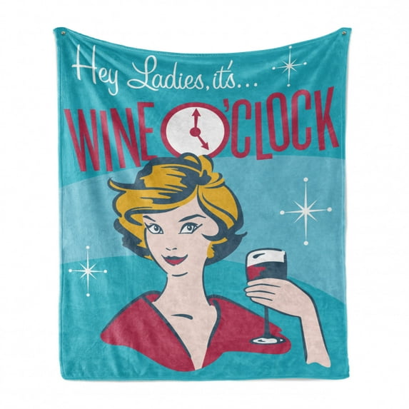 Wine Soft Flannel Fleece Throw Blanket, Ladies It's Wine O'Clock Woman Drinking Portrait Cheers Retro Design, Cozy Plush for Indoor and Outdoor Use, 70" x 90", Magenta Blue Yellow, by Ambesonne