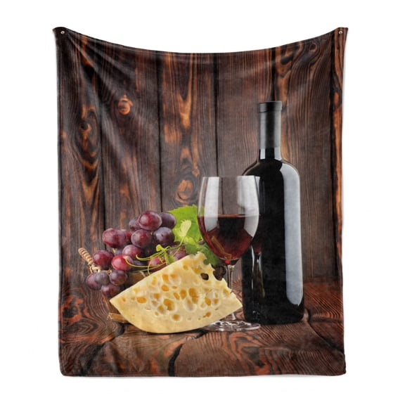 Wine Soft Flannel Fleece Throw Blanket, Red Wine Cabernet Bottle and Glass Cheese and Grapes on Wood Planks Print, Cozy Plush for Indoor and Outdoor Use, 50" x 70", Brown Burgundy Cream, by Ambesonne