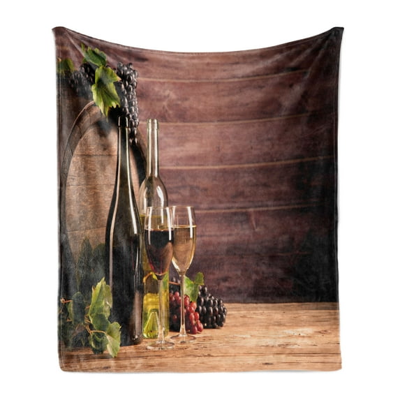 Wine Soft Flannel Fleece Throw Blanket, Still Life of Wine with Wooden Keg Rustic Concept Tasting Viticulture, Cozy Plush for Indoor and Outdoor Use, 70" x 90", Brown Green Pale Brown, by Ambesonne