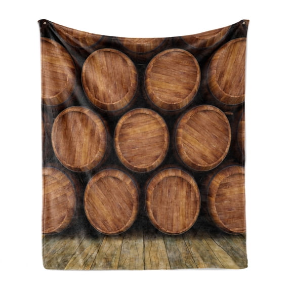 Wine Soft Flannel Fleece Throw Blanket, Wall of Wooden Barrels Wine Stack Storage Gallon Antique Vintage Container Rustic Design, Cozy Plush for Indoor and Outdoor Use, 60" x 80", Brown, by Ambesonne