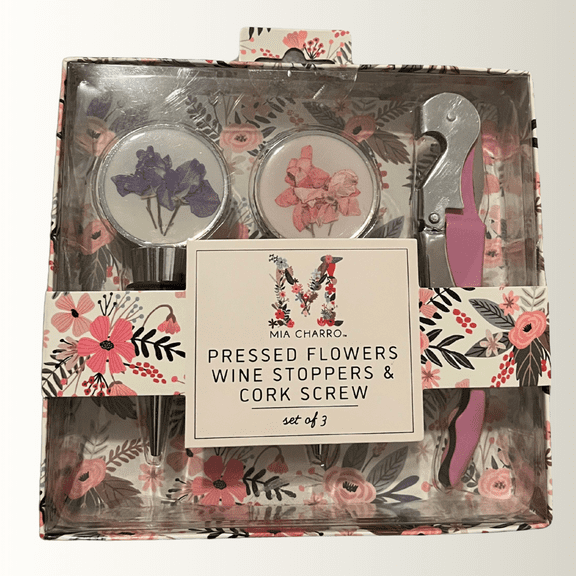 Wine Stopper & Cork Screw Set - Pressed Flowers 3-pc Set