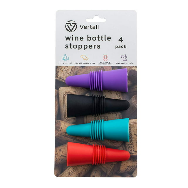Wine Stoppers Premium Silicone Beverage Bottle Stoppers by Vertall (Assorted Colors, Set of 4)