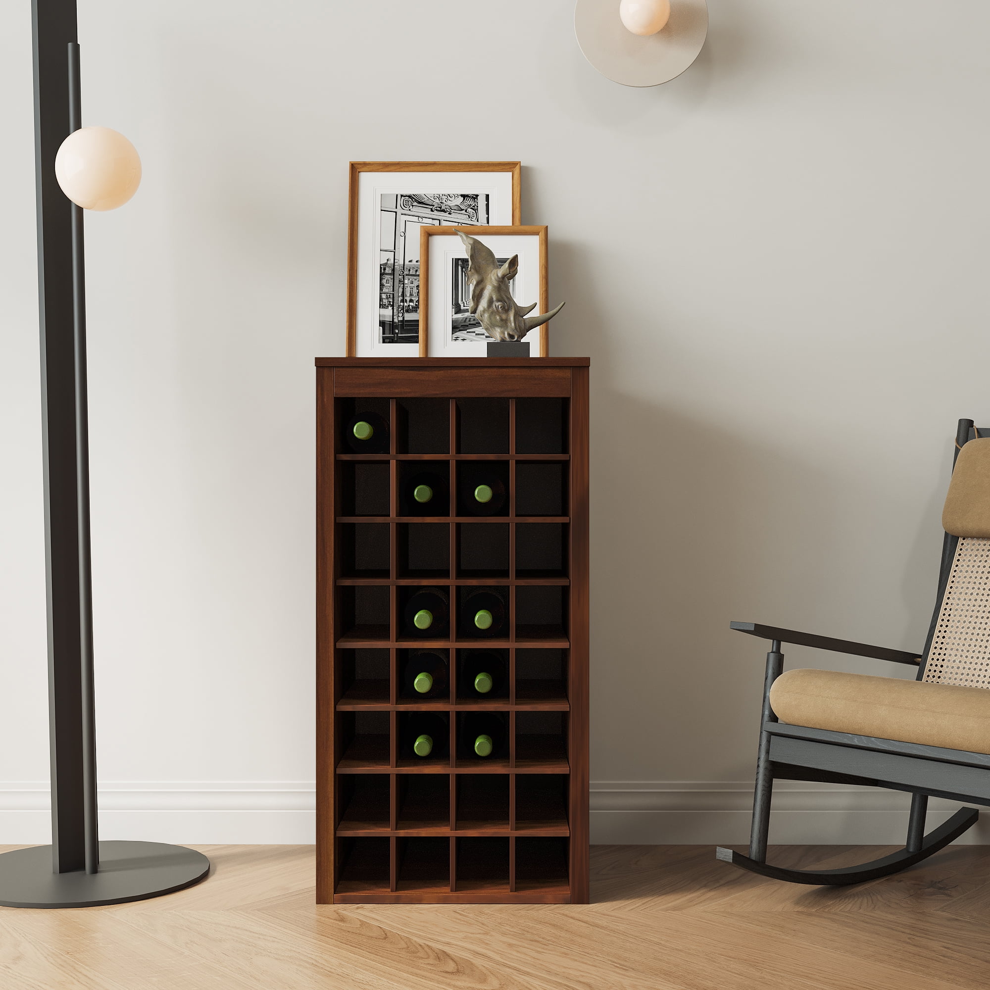 Wine Storage Cabinet Holds 32 Bottles, Modular Bar Cabinet or Buffet for Home Bar, Brown Walnut Finish, Designated Slots for Bottle Organization