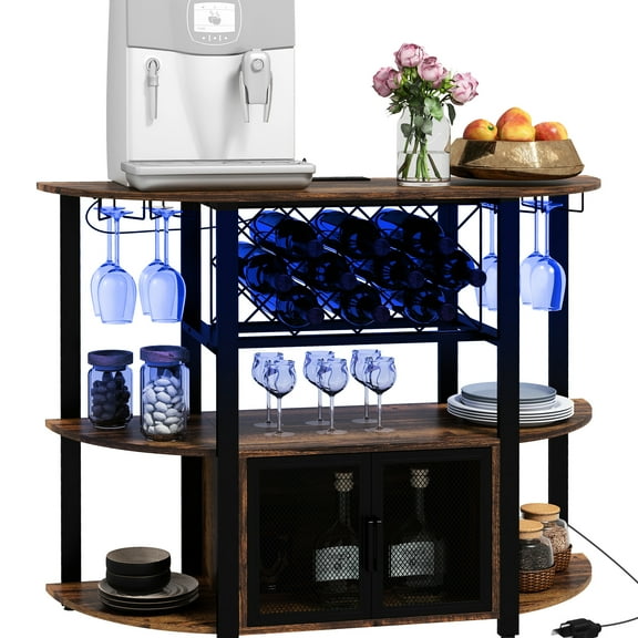 Wine Storage Cabinet With Charging Option, Led Lights, Rustic Brown, 10 Bar Stand Ports, Illumination, Holder, Finish