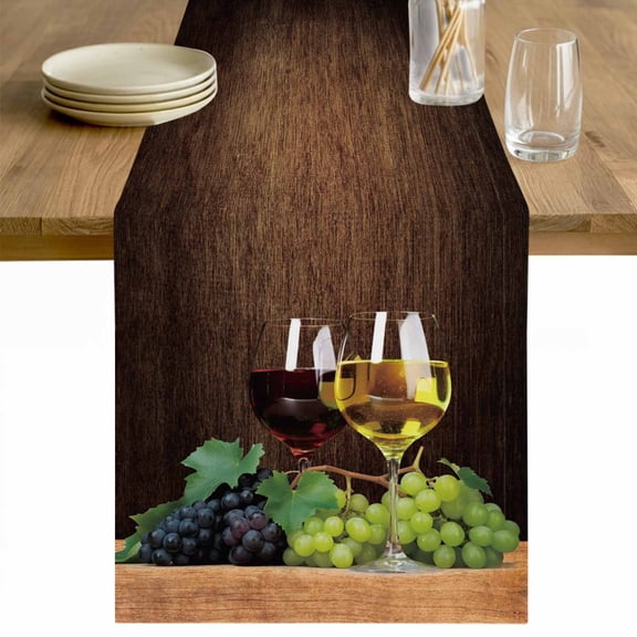 Wine Table Runner - 108 Inch Long Goblet Grapes Champagne Farmhouse Wooden Country Cotton and Linen Blended Dress Scarves Farmhouse Table Runner for Kitchen Dining, Coffee Table, 13" x 108"