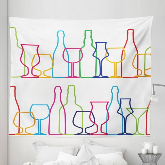 Wine Tapestry, Colorful Outline Bottles and Glasses Bar Party Drink Cocktails Modern Fun Pattern, Fabric Wall Hanging Decor for Bedroom Living Room Dorm, 5 Sizes, Multicolor, by Ambesonne