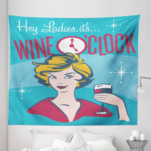 Wine Tapestry, Ladies It's Wine O'Clock Woman Drinking Portrait Cheers Retro Design, Fabric Wall Hanging Decor for Bedroom Living Room Dorm, 5 Sizes, Magenta Blue Yellow, by Ambesonne