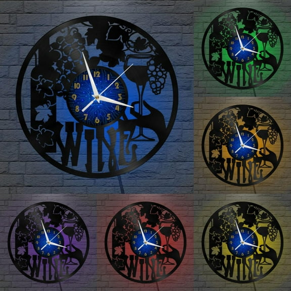 Wine Tasting 12 Inch Vinyl Record Wall Clock - Silent, Creative, and Unique Clock for Living Room, Entryway, or Bedroom Decor - Perfect Gift Idea(12 inchs B with LED)