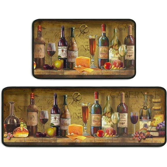 Wine-Themed Kitchen Mat Set - Cushioned Retro Non-Slip Runner Rugs, Waterproof for Laundry Room, Set of 2 (17x30+17x47), Adds a Sophisticated Wine Bar Feel to Your Kitchen