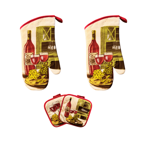 Wine Themed Kitchen Oven Mitts Pot Holders Decor Set (4 Count)
